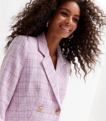 Lilac Check Bouclé Crop Blazer | New Look