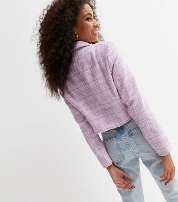 Lilac Check Bouclé Crop Blazer | New Look