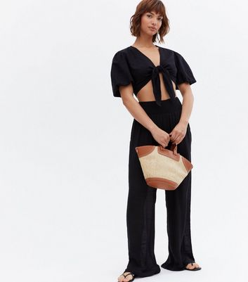 Click to view product details and reviews for Blue Vanilla Black Shirred High Waist Wide Leg Trousers New Look.