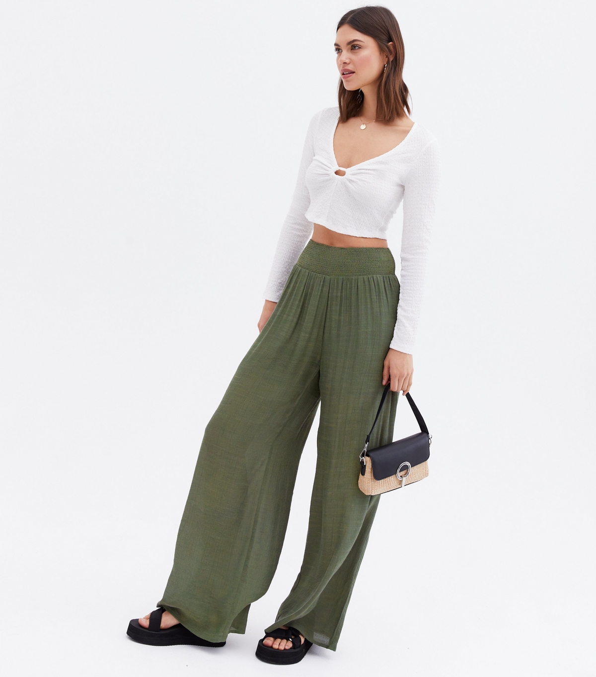 Women's Khaki Shirred High Waist Wide Leg Trousers Blue Vanilla New Look