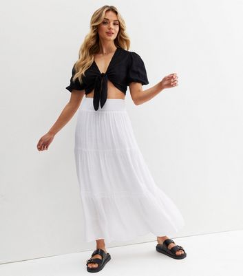 Click to view product details and reviews for Blue Vanilla White Shirred Waist Tiered Maxi Skirt New Look.