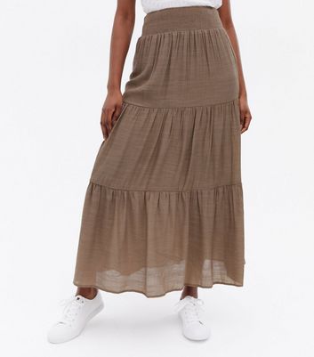 Blue Vanilla Light Brown Shirred Waist Tiered Maxi Skirt New Look