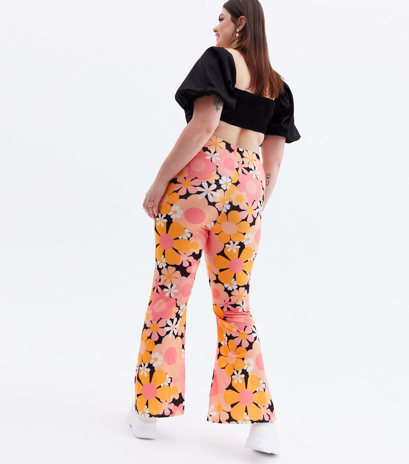 Psychedelic Curves Orange Floral Flared Trousers Image 4