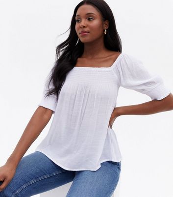 Blue Vanilla White Shirred Puff Sleeve 