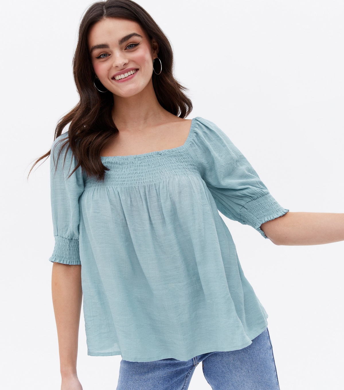 Women's Pale Blue Shirred Puff Sleeve Top Blue Vanilla New Look