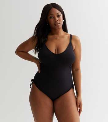 Curves Black Textured Ruched Side Swimsuit