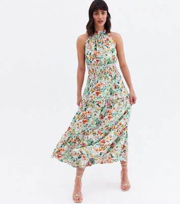 Blue Vanilla Green Floral Shirred Halter Neck Maxi Dress New Look