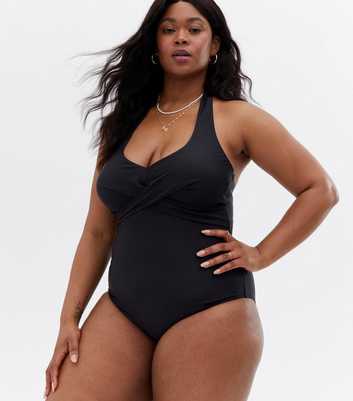 Curves Black Wrap Halter Neck Swimsuit