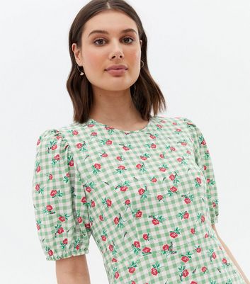 Blue Vanilla Green Floral Gingham Midi Smock Dress New Look