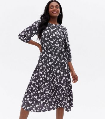 Blue Vanilla Black Floral Tiered Midi Smock Dress New Look