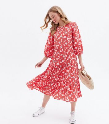 Blue Vanilla Red Floral Tiered Midi Smock Dress New Look