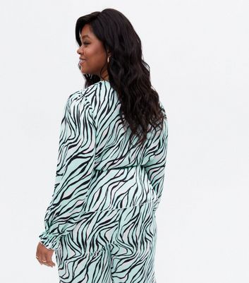 Damen Bekleidung Curves Light Green Zebra Print Satin Wrap Blouse