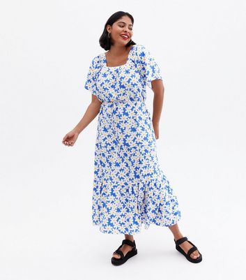 Blue Vanilla Curves Blue Daisy Square Neck Midi Dress New Look