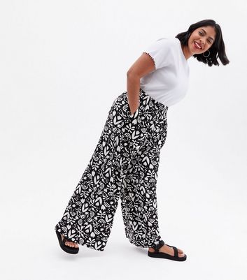 Abstract Shirred Wide Leg Trousers 
