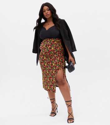 Blue Vanilla Curves Red Floral Ruched Midi Skirt