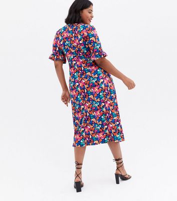 Blue Vanilla Curves Blue Floral Bow Front Midi Dress New Look