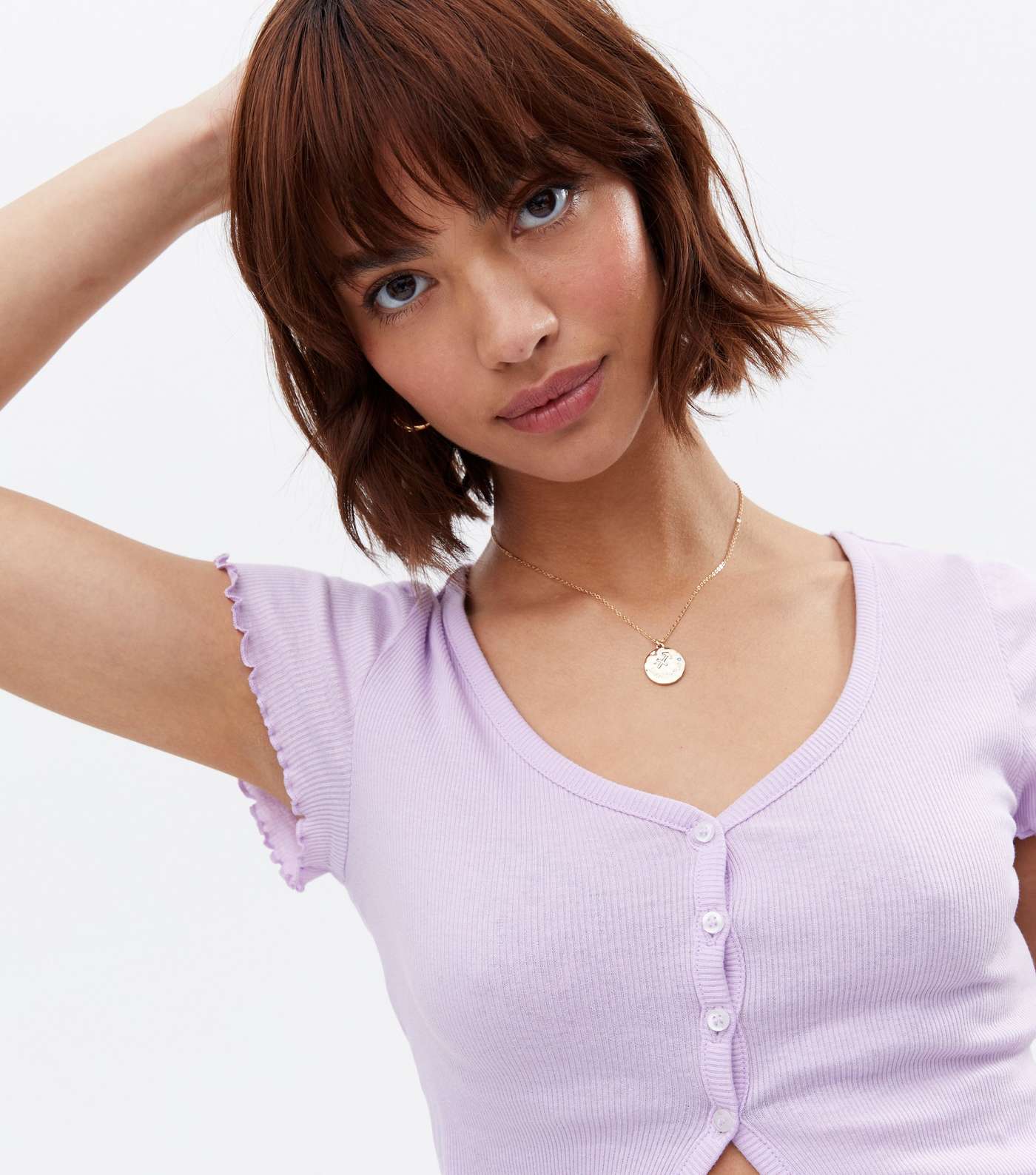 Lilac Ribbed Frill Button Short Sleeve Cardigan Image 3