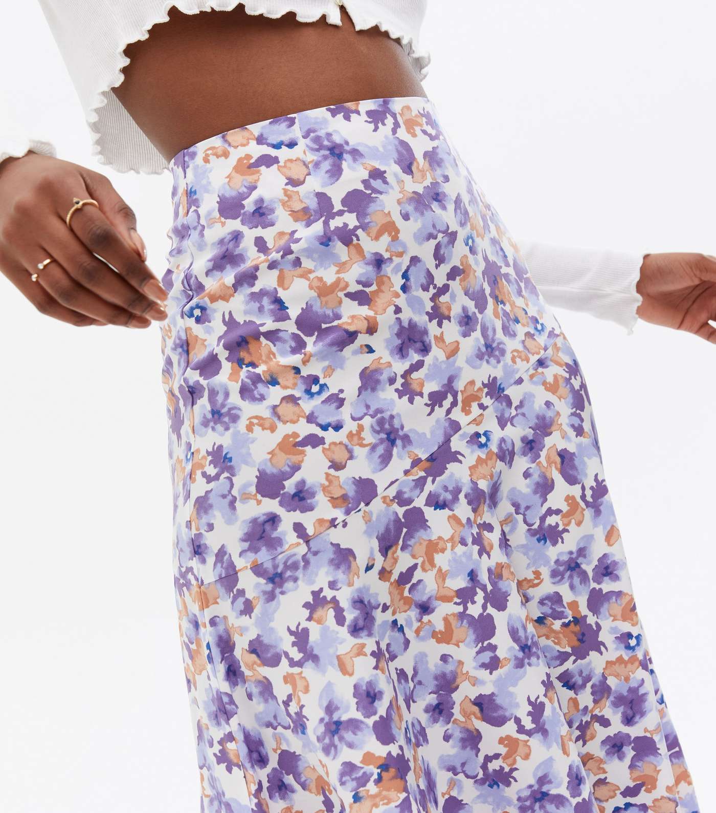Blue Vanilla White Floral Asymmetric Midi Skirt Image 3