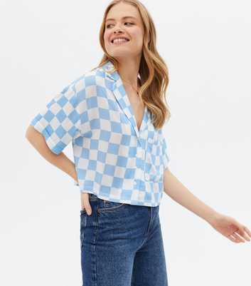 Blue Checkerboard Revere Collar Crop Shirt