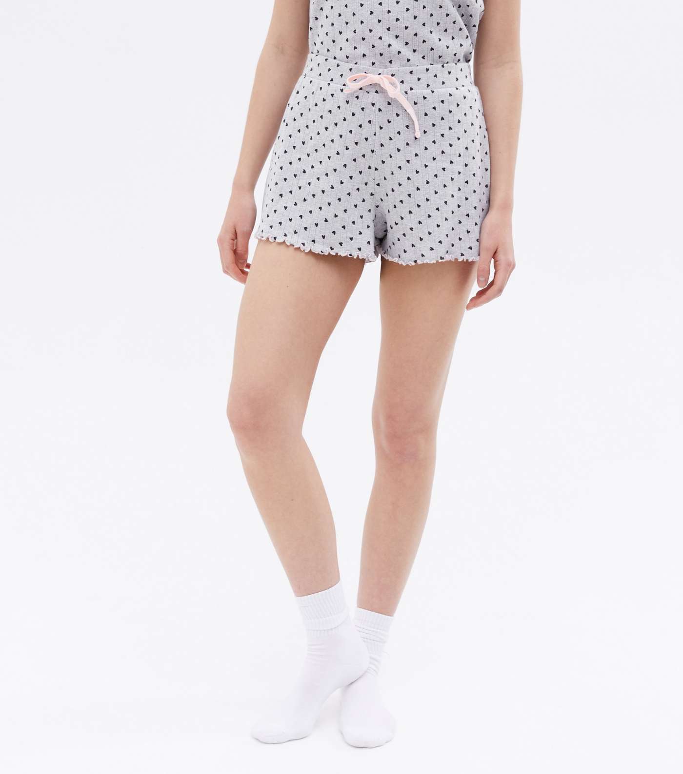 Grey Pointelle Short Pyjama Set with Heart Print Image 3