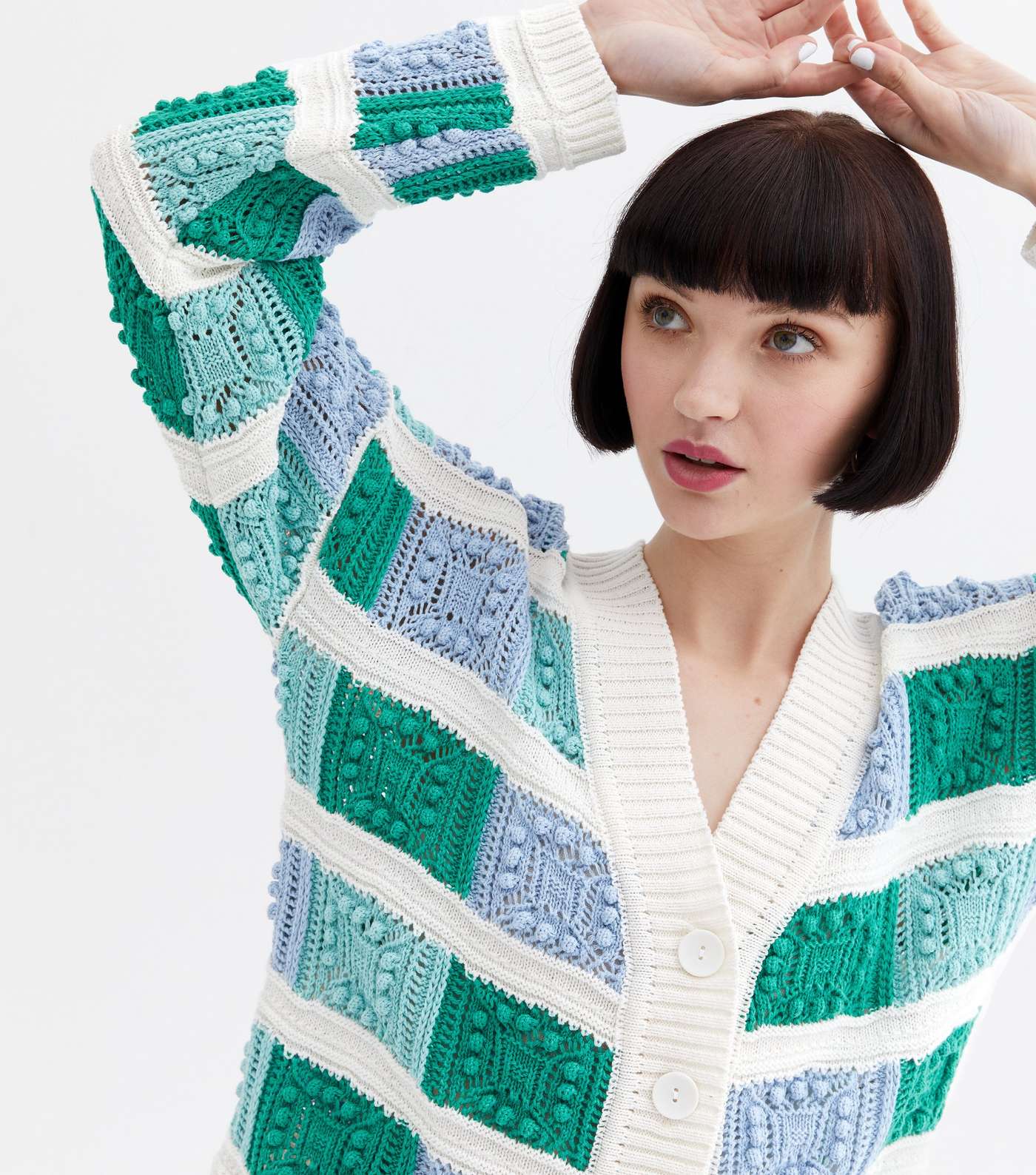 Blue Colour Block Crochet Knit Cardigan