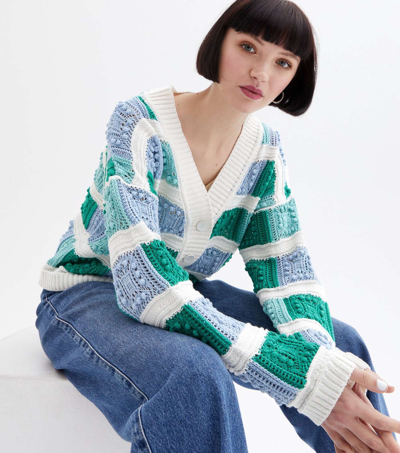 Blue Colour Block Crochet Knit Cardigan Image 3