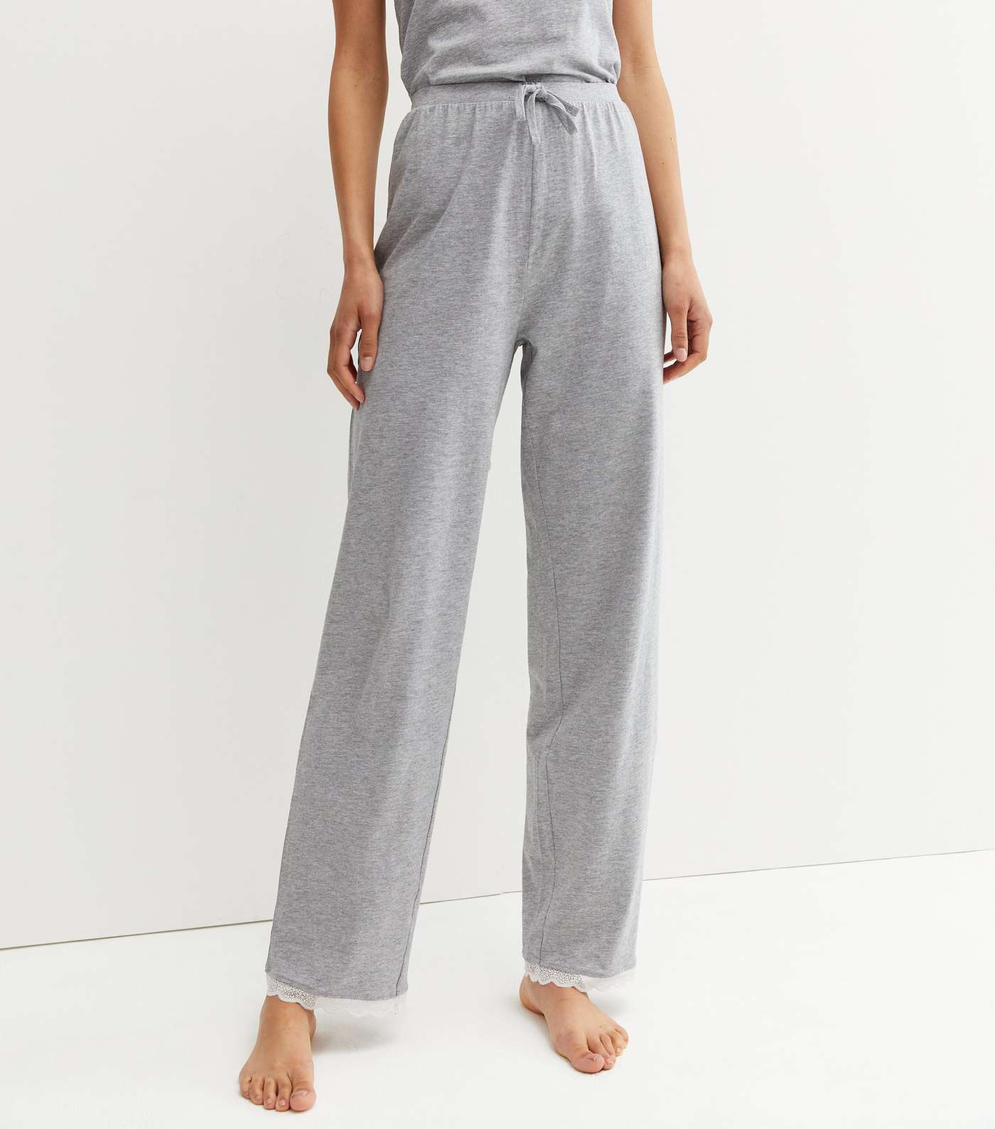 Tall Grey Trouser Pyjama Set with Scallop Lace Trim Image 3