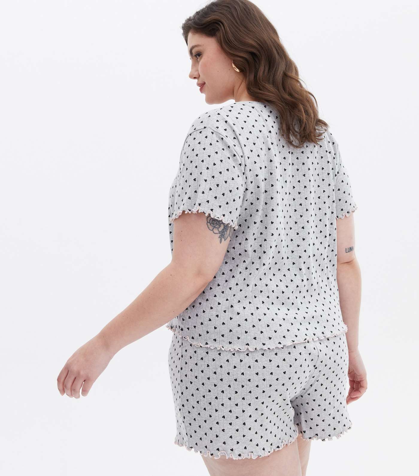 Curves Pale Grey Pointelle Short Pyjama Set with Heart Print Image 4