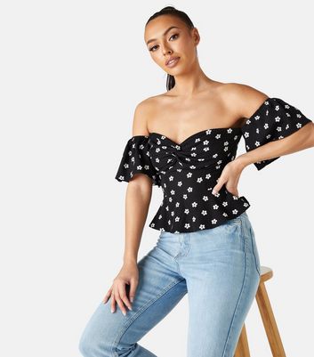 Urban Bliss Black Floral Bardot Peplum Top New Look