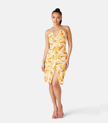 Click to view product details and reviews for Urban Bliss Orange Abstract Ruched Halter Dress New Look.