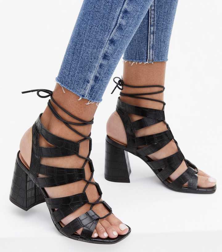 Ghillie Lace Up Ghillie Heeled Sandals Black Faux Croc Tie Block