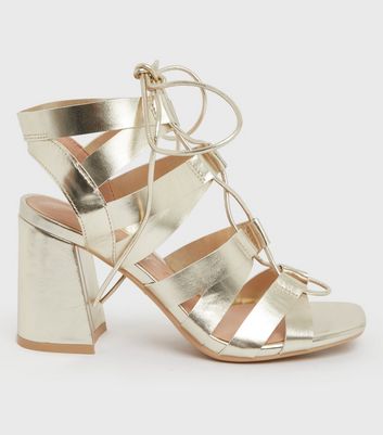 Gold Metallic Tie Block Heel Ghillie Sandals New Look