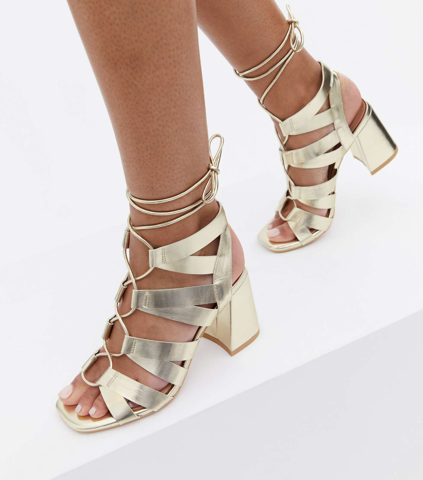 Gold Metallic Tie Block Heel Ghillie Sandals Image 2