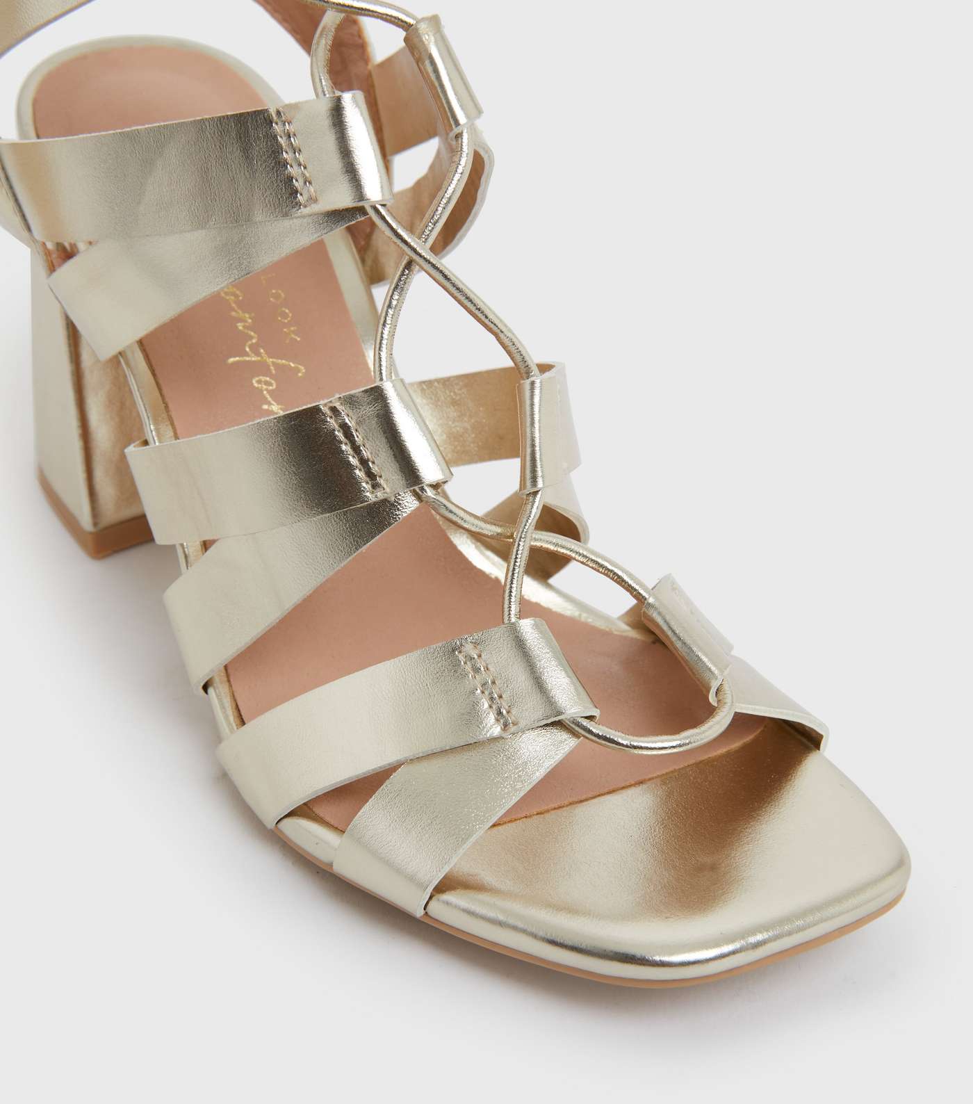 Gold Metallic Tie Block Heel Ghillie Sandals Image 4