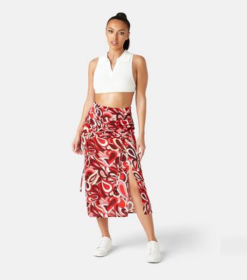 red ruched midi skirt