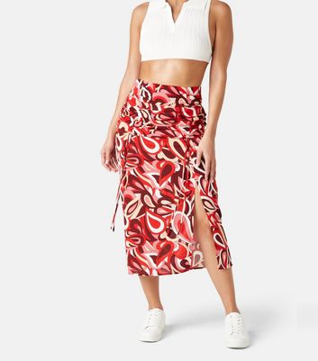 Urban Bliss Red Swirl Ruched Midi Skirt New Look