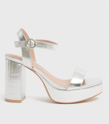 Wide Fit Silver Block Heel Chunky 