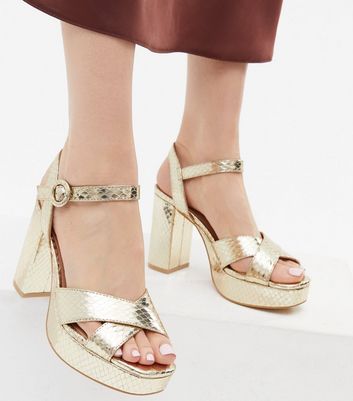 Gold Faux Croc Block Heel Chunky 