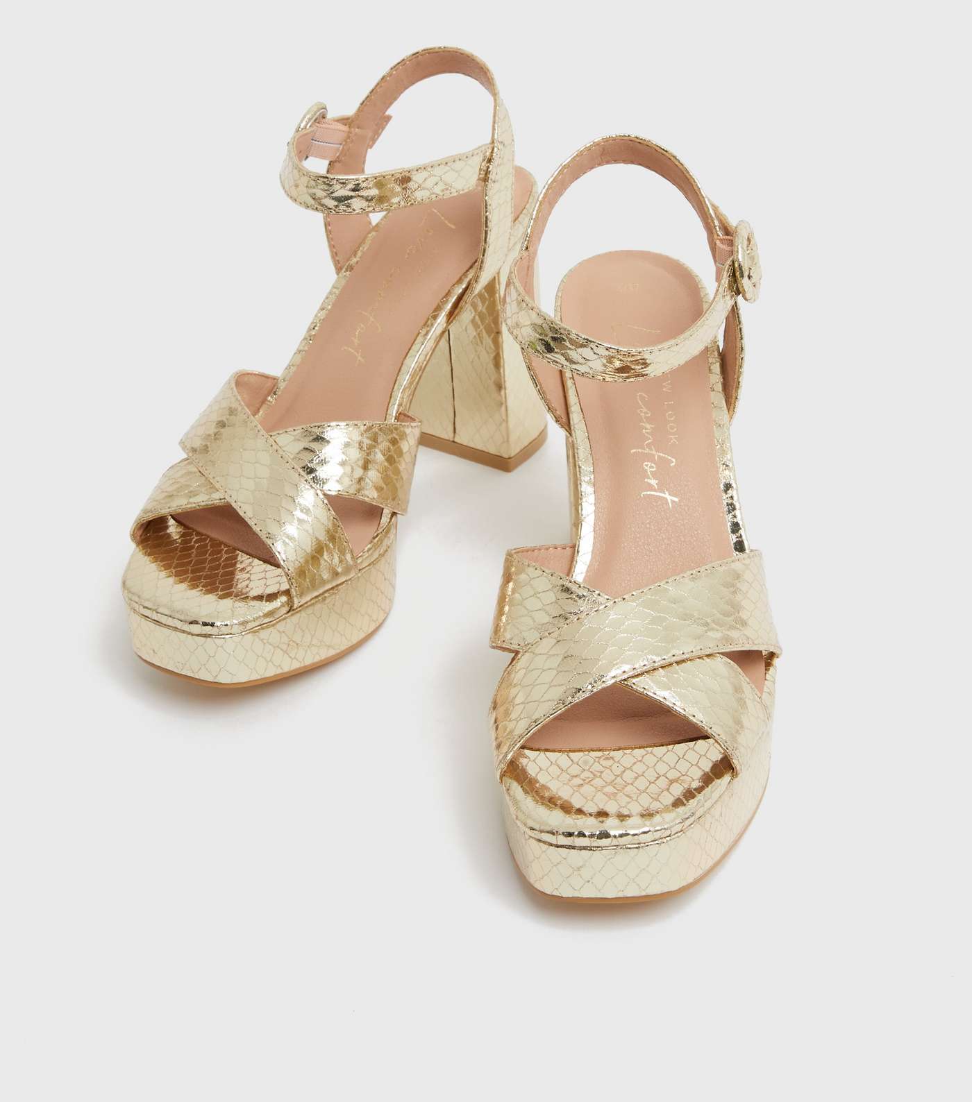Gold Faux Croc Block Heel Chunky Platform Sandals Image 3
