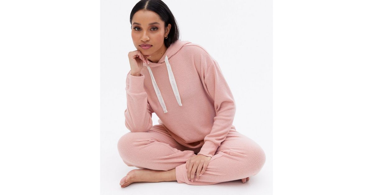 Petite Mid Pink Ribbed Lounge Hoodie New Look