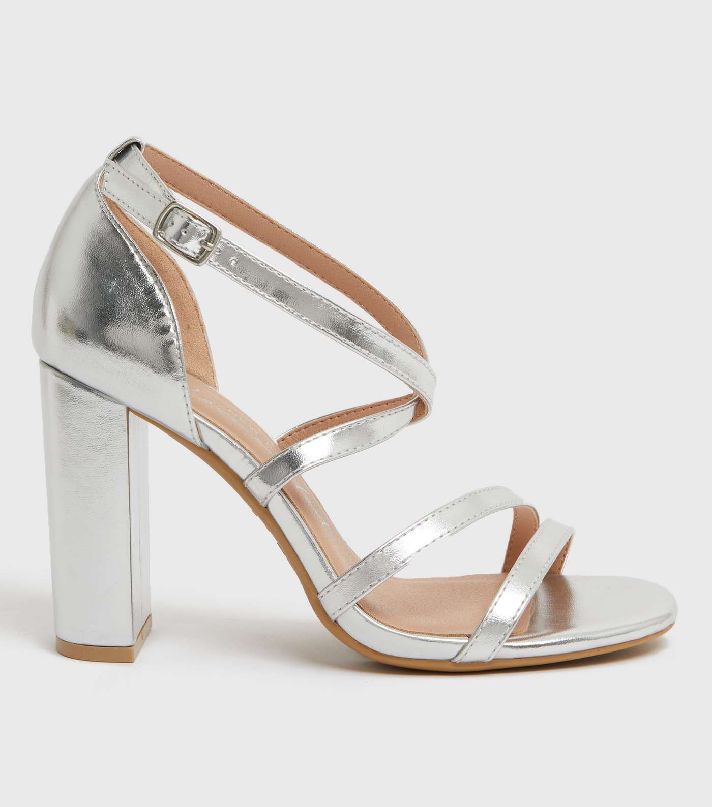 Wide Fit Silver Strappy Block Heel Sandals