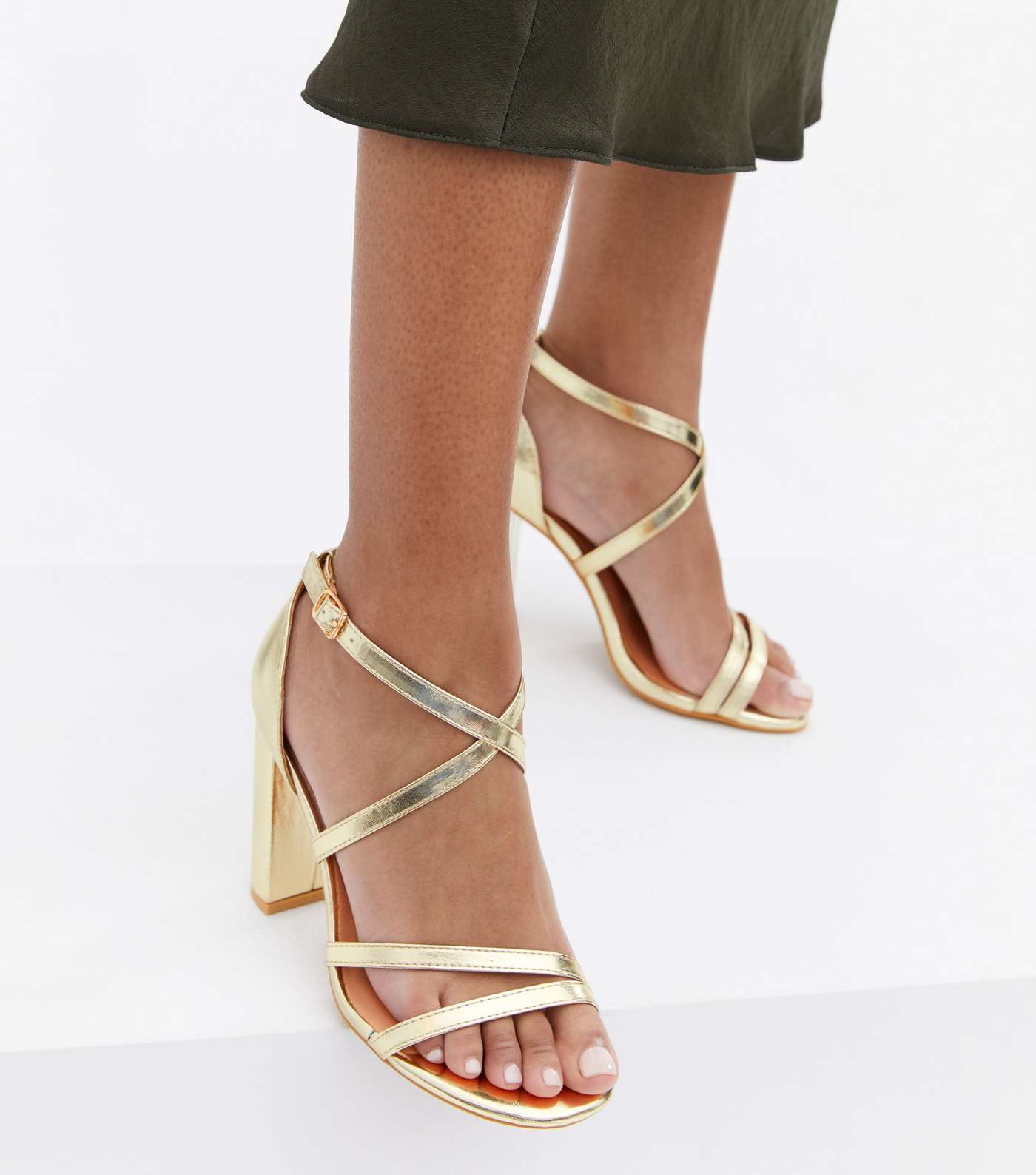 Wide Fit Gold Strappy Block Heel Sandals Image 2