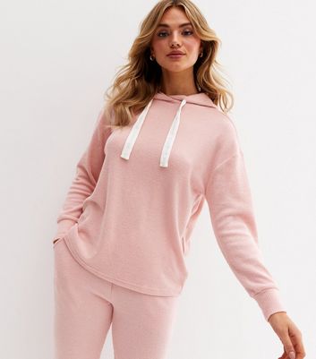 Mid Pink Ribbed Lounge Hoodie New Look