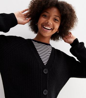 Girls Black Chunky Knit Button Cardigan 