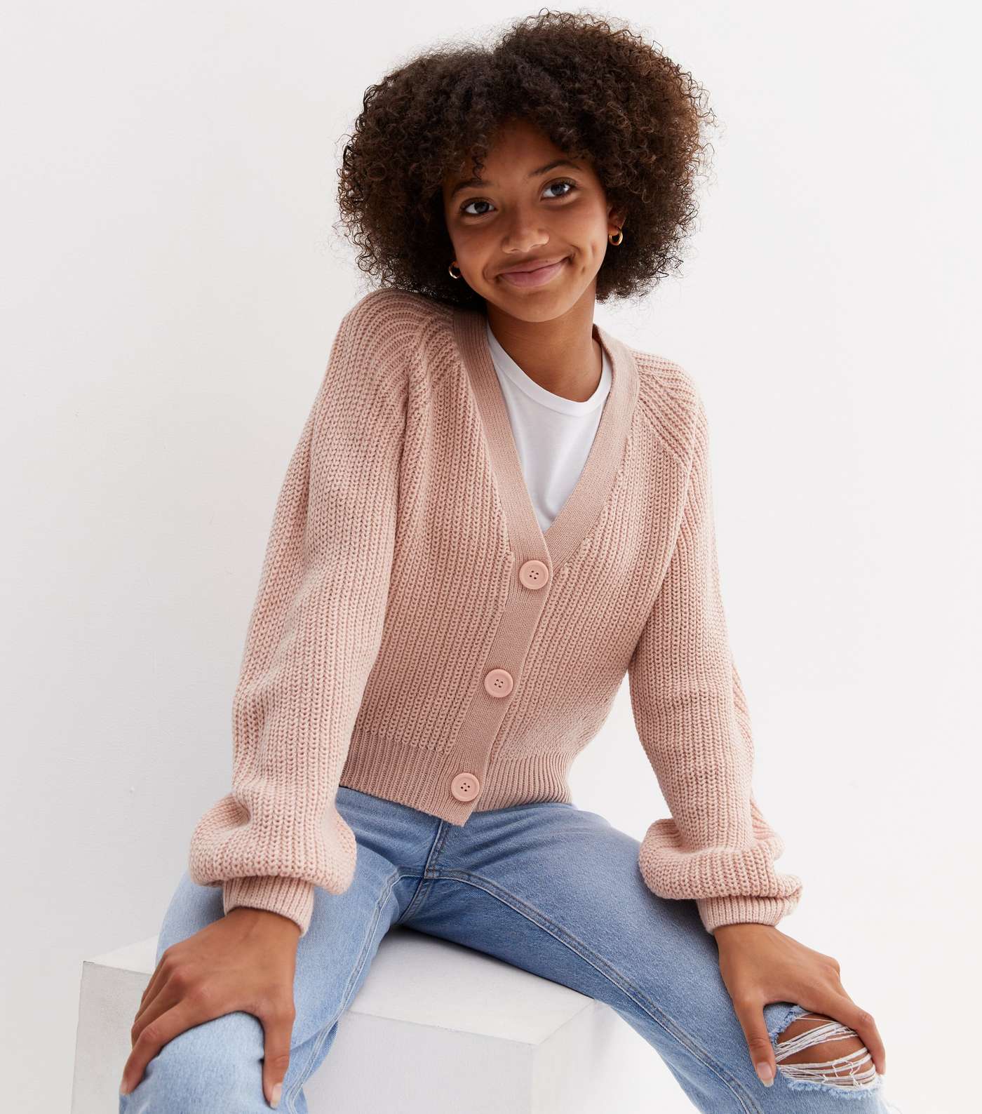 Girls Pale Pink Chunky Knit Button Cardigan