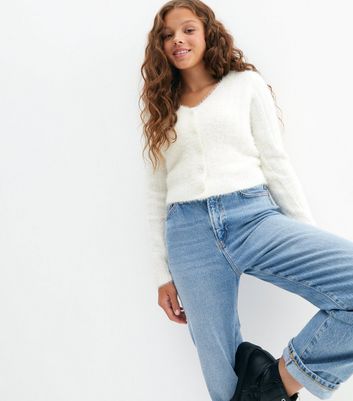 Girls Cream Fluffy Knit Button Cardigan New Look
