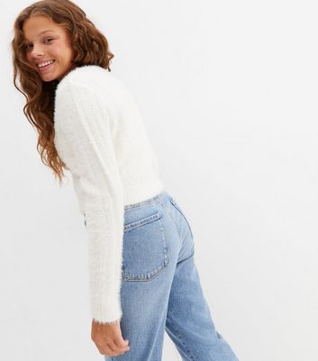 Girls Cream Fluffy Knit Button Cardigan New Look