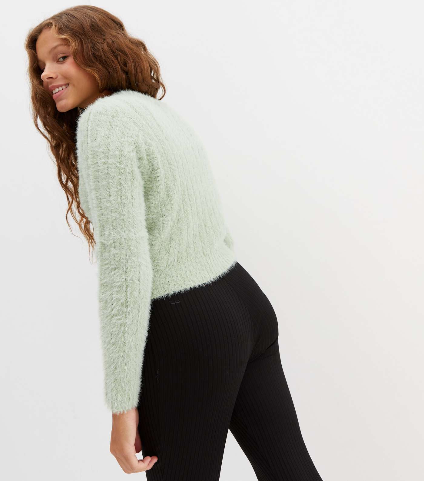 Girls Light Green Fluffy Knit Button Cardigan Image 4