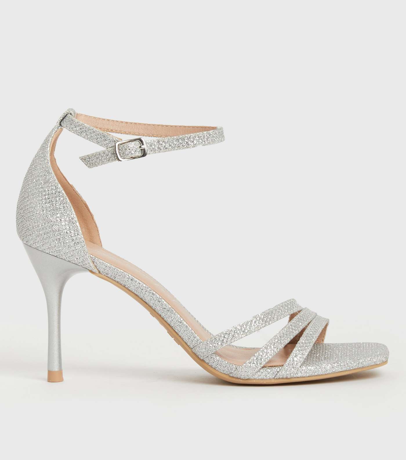 Silver Glitter Asymmetric Strappy Stiletto Heel Sandals
