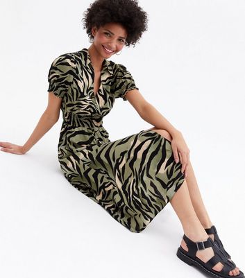 Click to view product details and reviews for Green Tiger Print Shirred Midi Shirt Dress New Look.